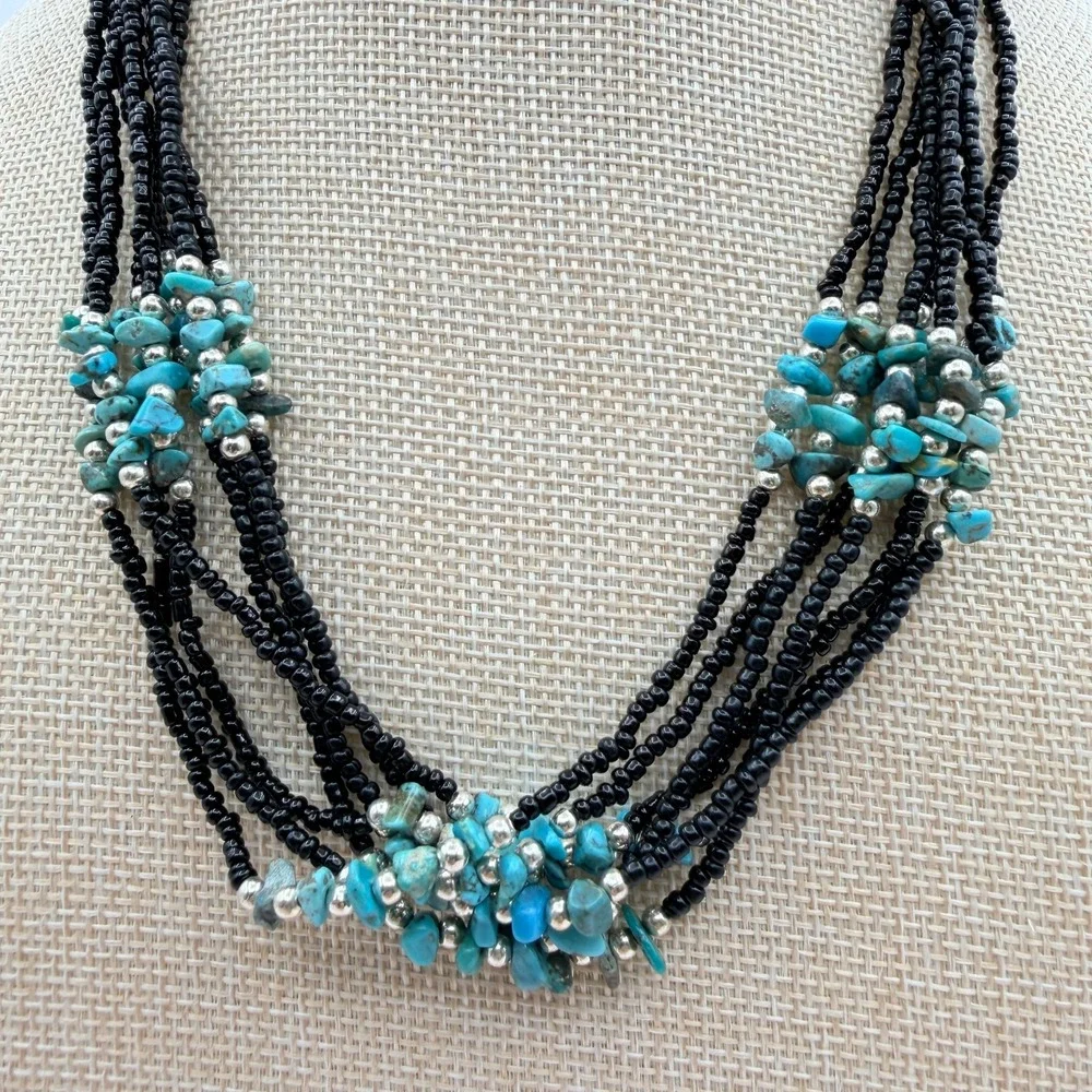 Vintage 90s Multi Strand Turquoise Black Glass Seed Bead Statement Necklace Boho